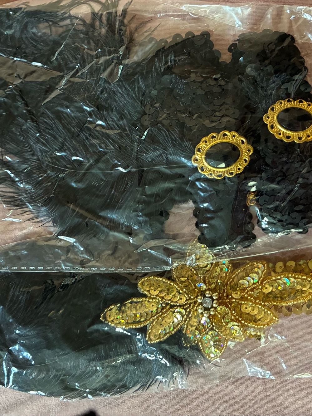 Lot of 3 Black Feather and Faux Gold Decorative Headpieces - Flapper Style